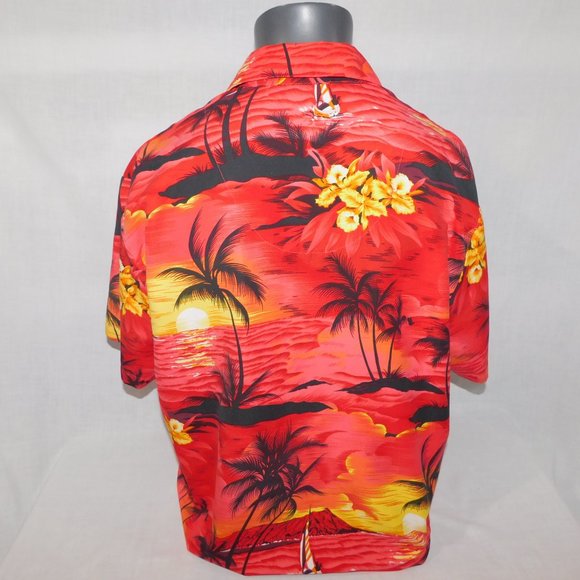 VTG Y2k AIR EAGLE Mens L Red Yellow Sunset Palm Trees Hawaiian Shirt - Picture 10 of 12
